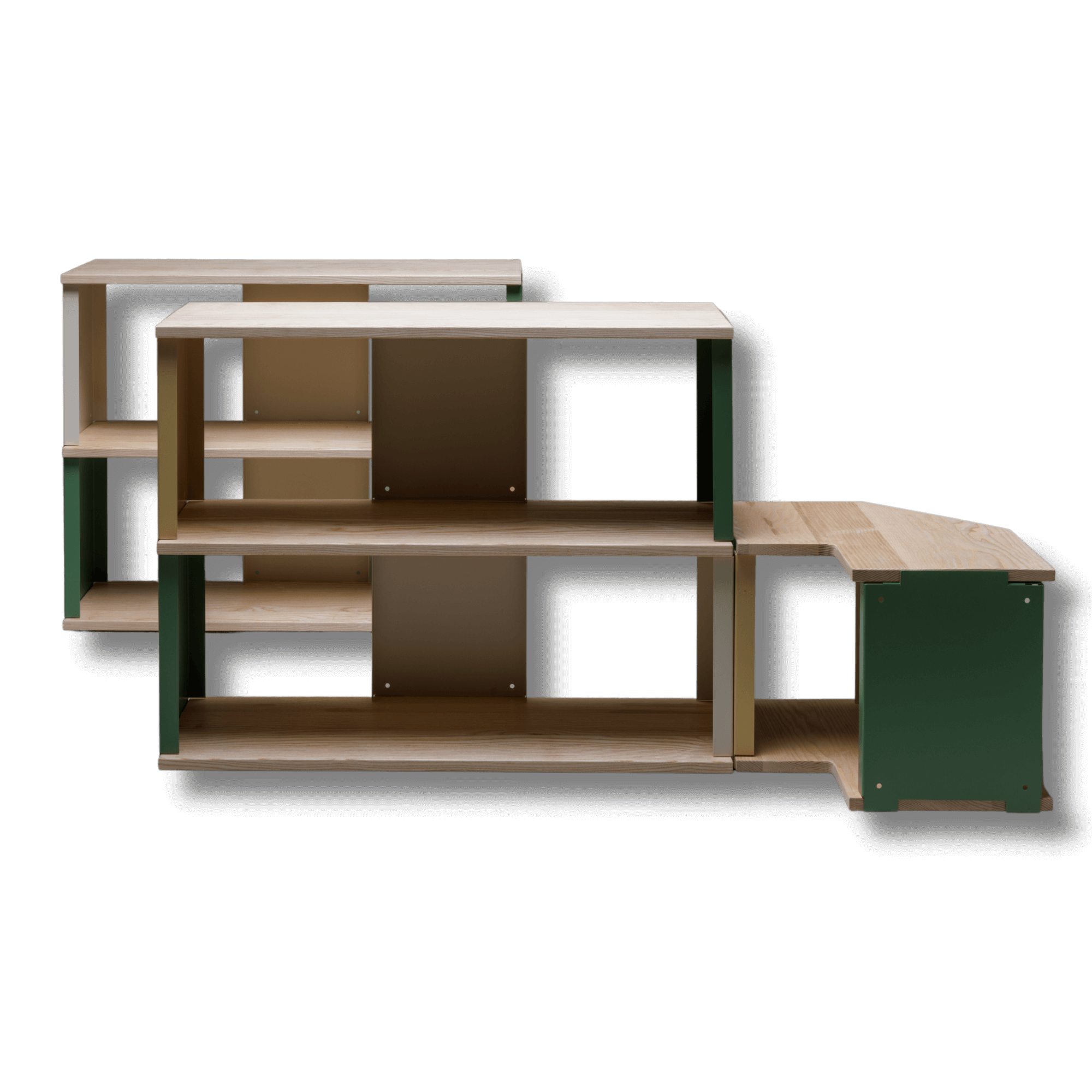 Modulares Regalsystem aus Esche & farbigem Stahl – Christoph Steiger Möbeldesign.